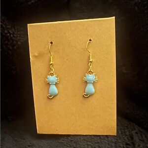 Gold Cat Drop Earrings with Light Blue Enamel